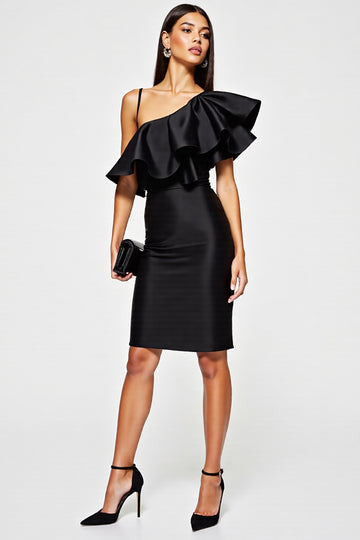 Ruffled Satin Bodycon Black Cocktail Dress